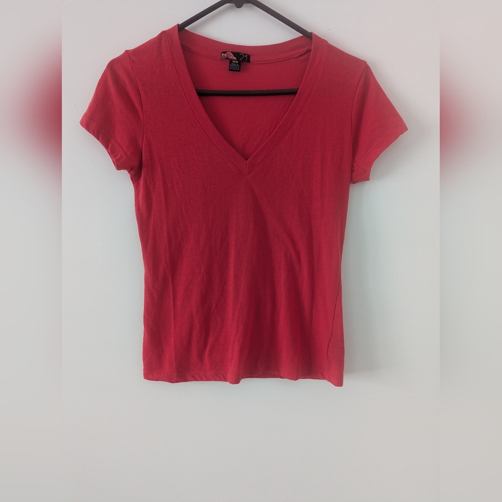 Red V-Neck Short Sleeve T Shirt Basic Plain Solid Top Stretchy Cotton Tee Jr.